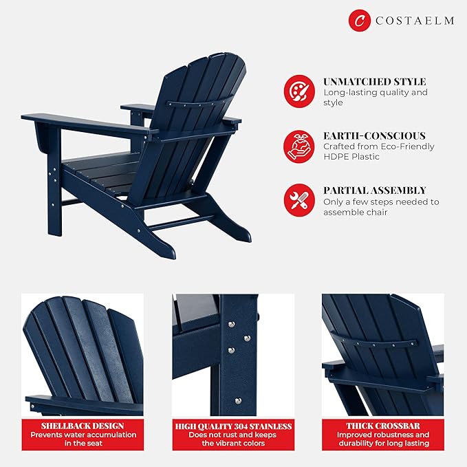 Costaelm Outdoor Adirondack Chair, HDPE Patio Chair, Weather Resistant Lawn Firepit Outside Chairs for Porch, Poolside - Photo 6