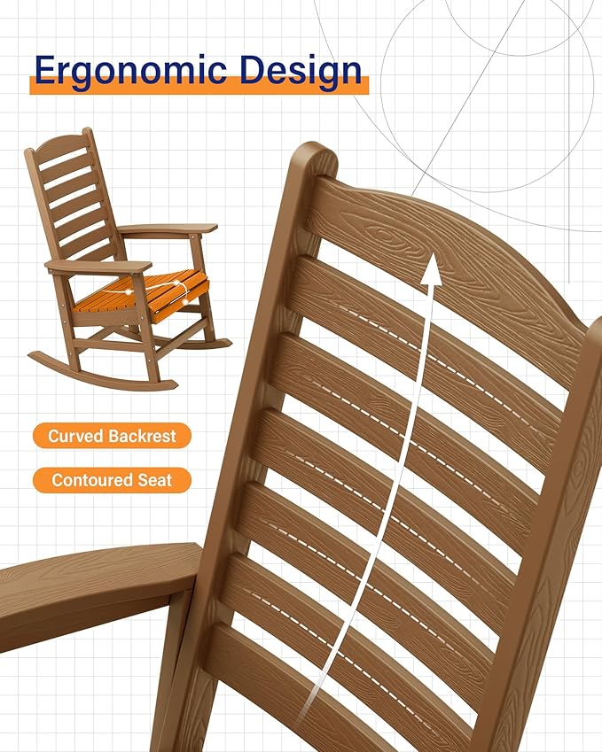YEFU Outdoor Rocking Chair Set of 4,Poly Porch Rocker with Curved Backrest,All Weather Patio Rocking Chair,Like Real Wood,for Indoor,Lawn, Backyard,Garden,Heavy Duty,Weight Capacity 380lbs(Teak)