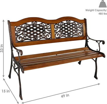 Sunnydaze 49-Inch Cast Iron and Wood 2-Person Garden Bench with Ivy Crossweave Design - 485-Pound Weight Capacity