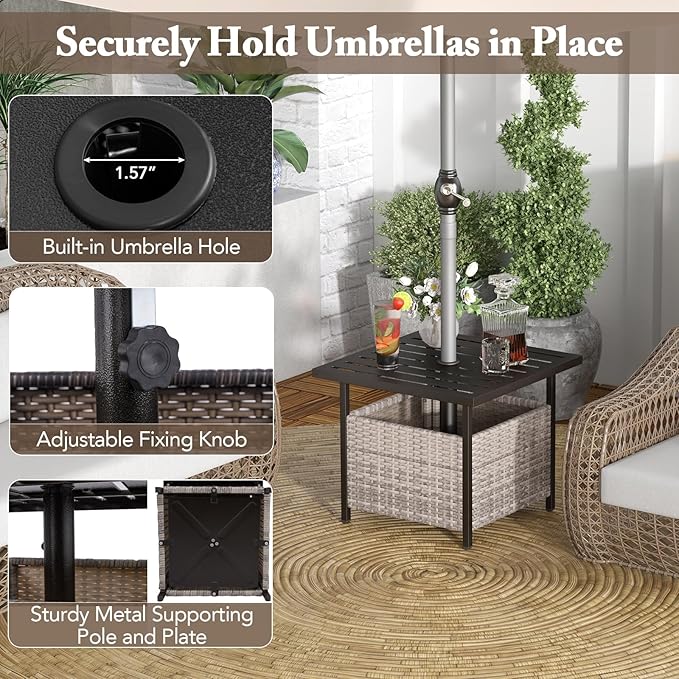 Giantex Outdoor Side Table with Umbrella Hole, 22" Wicker Umbrella Table with Stand and Base, Weather-Resistant PE Rattan Patio End Table for Deck Garden Poolside (Metal Tabletop, Light Gray)