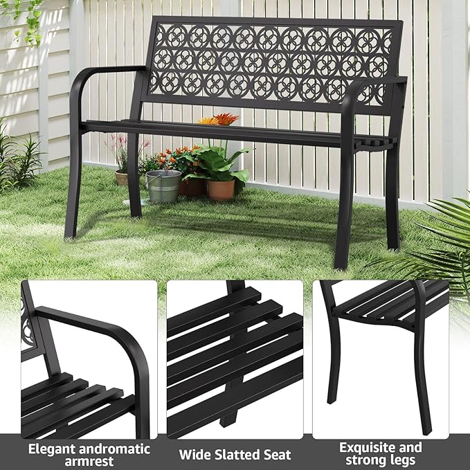 Outdoor Bench Garden Bench Patio Bench,Weatherproof Anti-Rust Metal Powder Coated Frame Park Bench,Metal Bench for Yard & Porch & Park (Wreath)