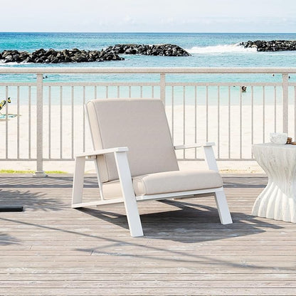 Merax Acacia Wood Outdoor Chaise Lounge Chair, Patio Reading Lazy Recliner Sofa Couches Seating with Weather-Resistant Upholstered Cushions for Balcony Outside Pool, Beige+White