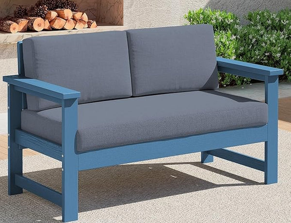 SERWALL Blue HDPE Outdoor Loveseat with Grey Cushions - Photo 1