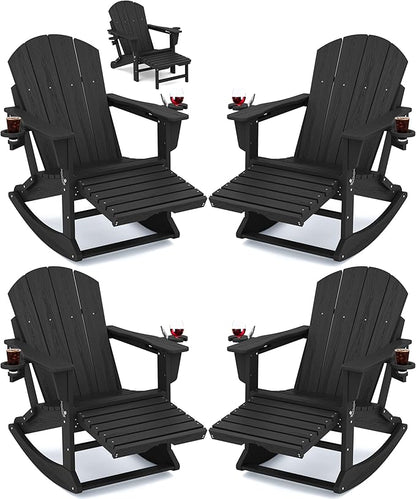 KINGYES Adirondack Rocking Chair Set of 4 with Retractable Ottoman and Cup Holders, HDPE Adirondack Rocker Patio Rocking Chair for Porch, Patio, Balcony, Black