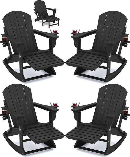 KINGYES Adirondack Rocking Chair Set of 4 with Retractable Ottoman and Cup Holders, HDPE Adirondack Rocker Patio Rocking Chair for Porch, Patio, Balcony, Black