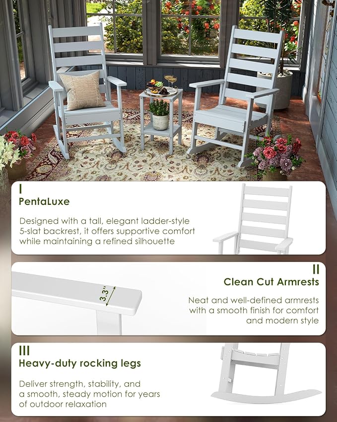 GREENVINES Outdoor-Rocking-Chairs-Set-of-4 | HDPE Plastic | Patio Rockers | Porch Rocker Chair | Shaker | Oversized | High Ladder Back | Big & Tall | PentaLuxe | White