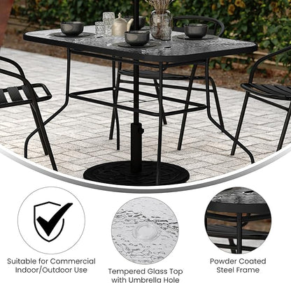 Flash Furniture Tory Rectangle Patio Table with Umbrella Hole, Commercial All-Weather Table with Heat Resistant Tempered Glass, Steel Tube Frame, 27.5x47.25, Black
