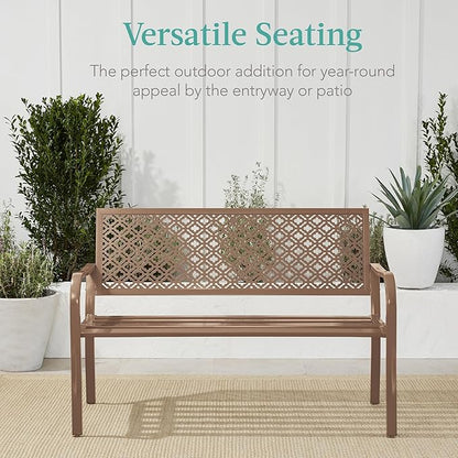 Best Choice Products Outdoor Bench 2-Person Metal Steel Benches Furniture for Garden, Patio, Porch, Entryway w/Geometric Backrest, 790lb Capacity - Taupe