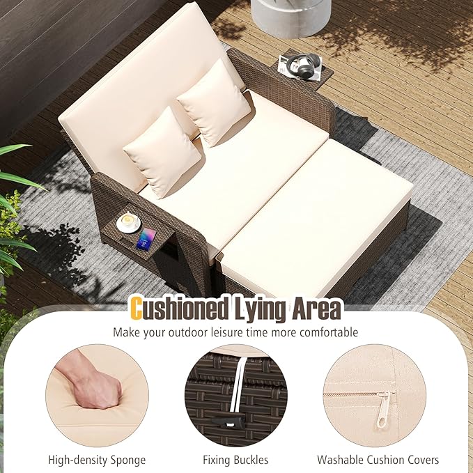 LDAILY Moccha Outdoor Daybed, Wicker Loveseat Sofa Set with 4-Postion Adjustable Backrest, Storage Ottoman, Cushions - Photo 3