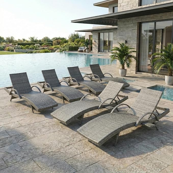 80.3" Chaise Lounge Outdoor Set of 6, Wicker Pool Lounge Chairs Outdoor with Pull-Out Side Table - Photo 1
