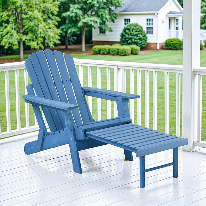 Oversized Folding Adirondack Chair with Retractable Ottoman - Solid Wood Outdoor Lounge Chair for Patio Garden Backyard Porch, Weather-Resistant & Pre-Assembled, Blue