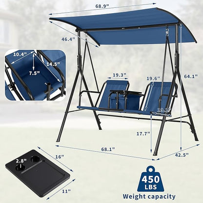 Porch Swing with Cup Holders & Pivot Storage Table & Cooler Bag with Adjustable Canopy for 2 Person Patio Swing for Backyard Balcony Poolside Red Blue
