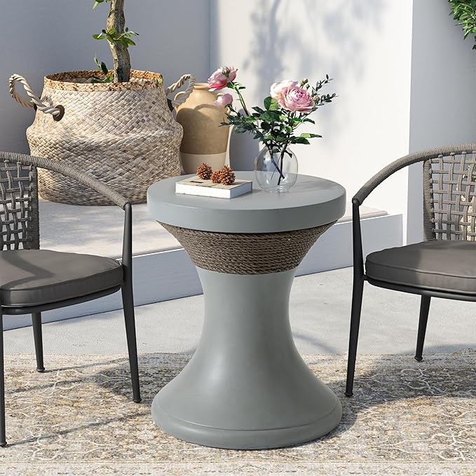 SUNBURY Concrete Side Table, 18" W Outdoor Side Table for Patio, Outdoor Accent Table w Faux Hemp Rope Design, Patio Side Table End Table in Dark Gray, Garden Stool for Pool, Deck, Yard