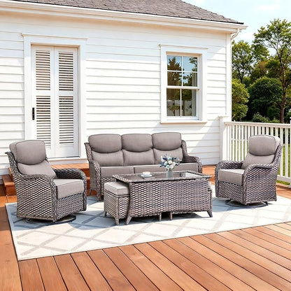 Luxury High Back Patio Furniture Set with 6-Inch Thick Cushions, 6-Pieces Outdoor Furniture with Swivel Chairs, Wicker Conversation Set for Porch, Balcony, Deck and Yard, Brown/Grey