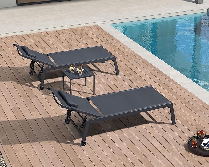 PURPLE LEAF Outdoor Oversized Lounge Chair Set Patio Chaise Pool Lounger Aluminum Frame with 2 Side Table and Wheels - Photo 2