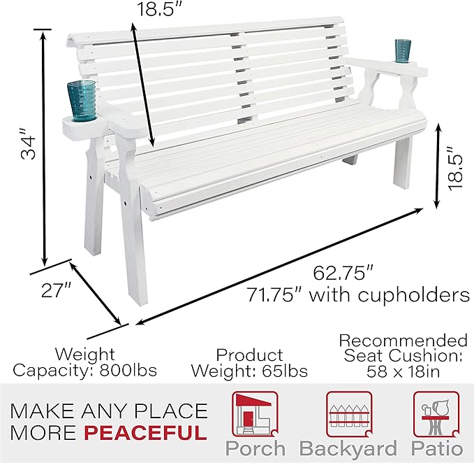 Amish Casual Heavy Duty Pressure Treated 5 Foot Outdoor Garden Bench with Cup Holders - Amish Crafted Roll Back Design in White Stain, 700 Lb Weight Capacity