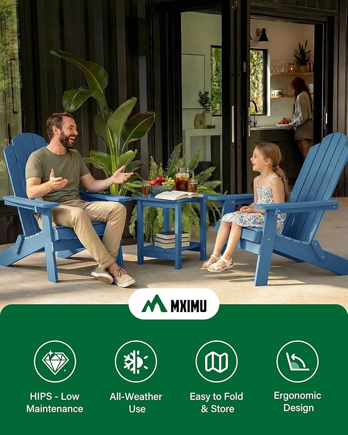 MXIMU Folding Adirondack Chair for Outdoor: Easy to Assemble and Comfortable Adirondack Chairs - All Weather Composite Plastic Chair for Outside Fire Pit Patio Lawn Garden Backyard Use(Navy)
