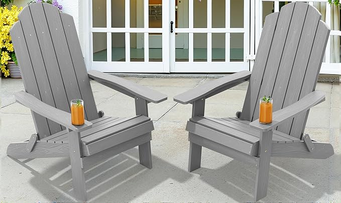 MXIMU Folding Adirondack Chair for Outdoor: Easy Assembly and Comfortable HIPS All-Weather Adirondack Chairs Set of 2 - Wooden Textured Patio Chair for Lawn Garden Deck Backyard Fire Pit