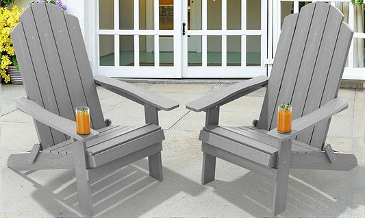 MXIMU Folding Adirondack Chair for Outdoor: Easy Assembly and Comfortable HIPS All-Weather Adirondack Chairs Set of 2 - Wooden Textured Patio Chair for Lawn Garden Deck Backyard Fire Pit