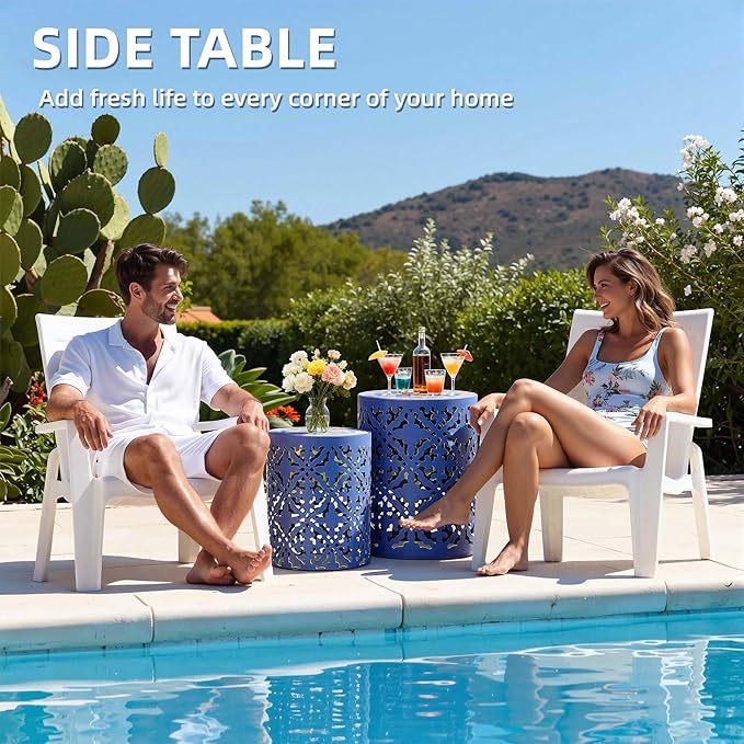 2-Pack Outdoor Side Table, Modern Decorative Coffee Table with Vintage Scroll Cut-Out Design, Heavy Duty Metal Mosaic Table with No Assembly, Industrial Round Garden Stool for Patio, Indoor