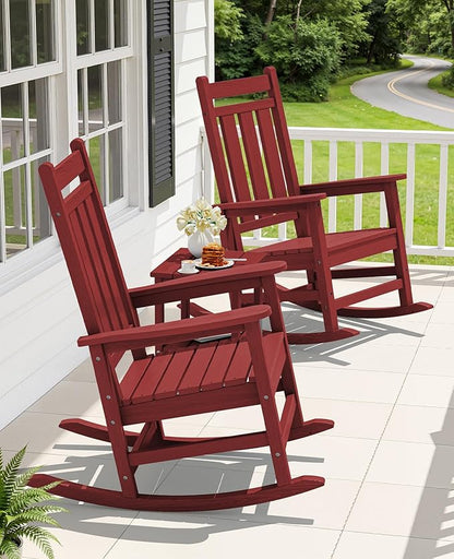 KINGYES Oversized Outdoor Rocking Chair Set of 2, All-Weather Patio Rocking Chairs for Porch, HDPE Outdoor Patio Rockers with High Back & Wide Seat for Garden, Lawn, Red