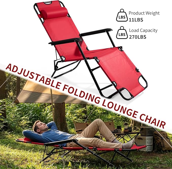 Outdoor Folding Chaise Lounge Chair, Patio Sun Lounger Reclining Beach Chair Sun Patio Pool Lawn Recliner Chair (Red)