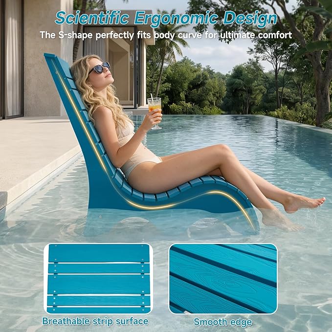 Pool Lounge Chairs Set of 2 for Baja Shelf, Ergonomic S-Contour Pool Lounger for Ultimate Comfort, HDPS Non-Absorbent Material Pool Chairs with Unique M-Shape Base Anti-Float for Patio, Blue