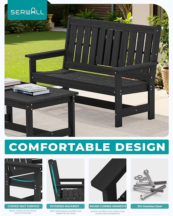 SERWALL Outdoor Bench with Cup Holder, 58" HDPE Garden Park Bench Suitable for 3 Person - Photo 5