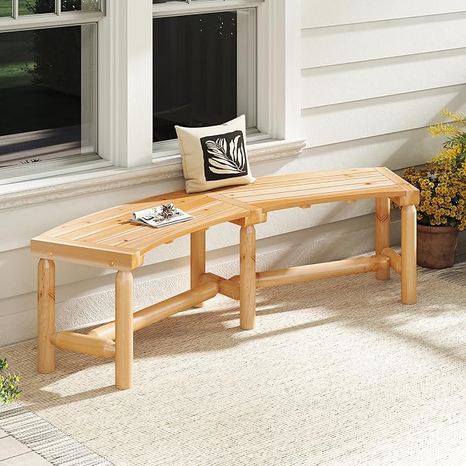 Tangkula Patio Curved Bench, Solid Wood Fire Pit Bench for 2-3 People, Outdoor Backless Loveseat for Backyard, Garden, Poolside, 800 LBS Max Load (1, Natural)