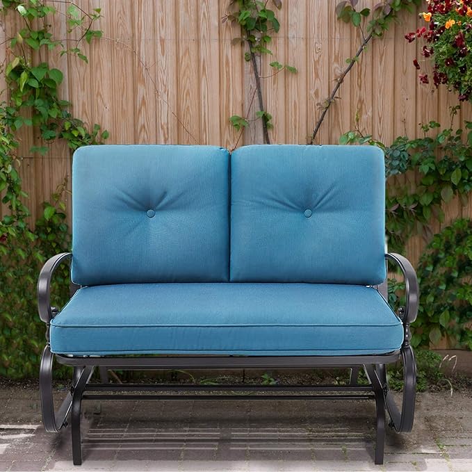 Patio Bench, Porch Glider Outdoor Swing Glider Rocking Loveseat, Steel Frame Chair with Thick Cushion (Peacock Blue) - Photo 5