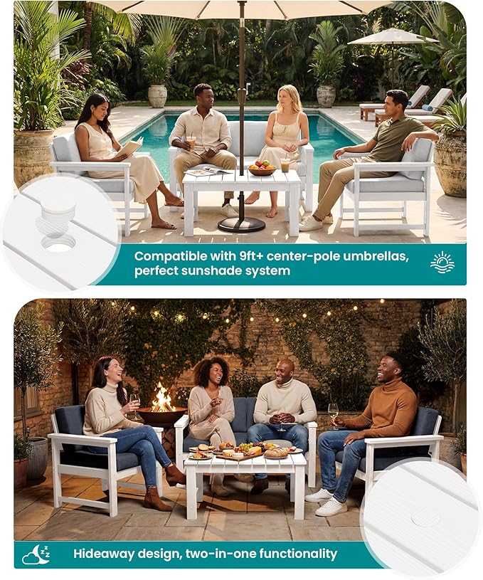 SERWALL HDPE Outdoor Loveseat with Cushions, All Weather Use Outdoor Loveseat Sofa, White Frame/Grey Cushion - Photo 6