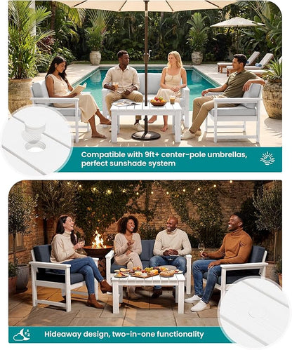 SERWALL HDPE Outdoor Loveseat with Cushions, All Weather Use Outdoor Loveseat Sofa, White Frame/Grey Cushion