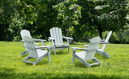 Folding Adirondack Chair Set of 6, Wooden Textured Plastic Adirondack Chairs with 2 Cup Holder, Weather Resistant HDPE Fire Pit Chair, Outdoor Patio Chairs for Garden, Backyard, Lawn, Deck, White