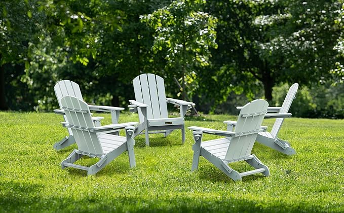 Folding Adirondack Chair Set of 2, Wooden Textured Plastic Adirondack Chairs with 2 Cup Holder, Weather Resistant HDPE Fire Pit Chair, Outdoor Patio Chairs for Garden, Backyard, Lawn, Deck, White