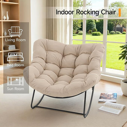 ONBRILL Outdoor Papasan Rocking Chair, 450 lbs Oversized Comfy Patio Chair with Thickened Cushion, Indoor Egg Rocking Lounge Chairs, Rocker Chairs for Patio Porch Garden Living Room Bedroom, Beige