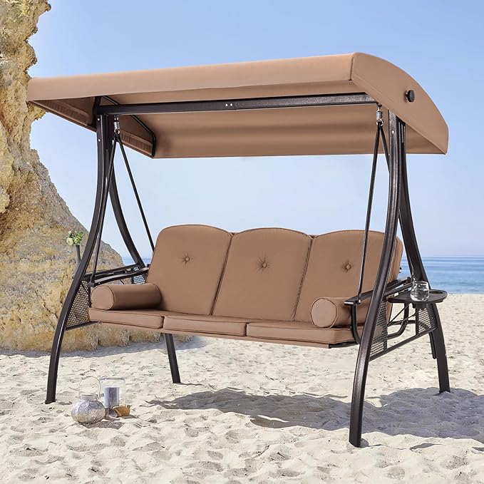 HOMREST 3 Seat Outdoor Porch Swing with 1.5" Deepened Cup Holder, Adjustable Canopy, Patio Swing Bed with Stand - Photo 8
