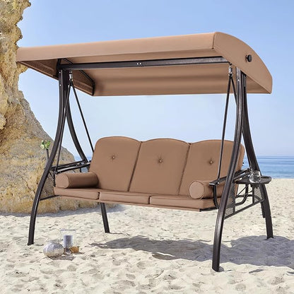 HOMREST 3 Seat Outdoor Porch Swing with 1.5" Deepened Cup Holder, Adjustable Canopy, Patio Swing Bed with Stand, Patio Glider Swing with Thicken Cushions, Pillow for Yard, Garden(Brown)