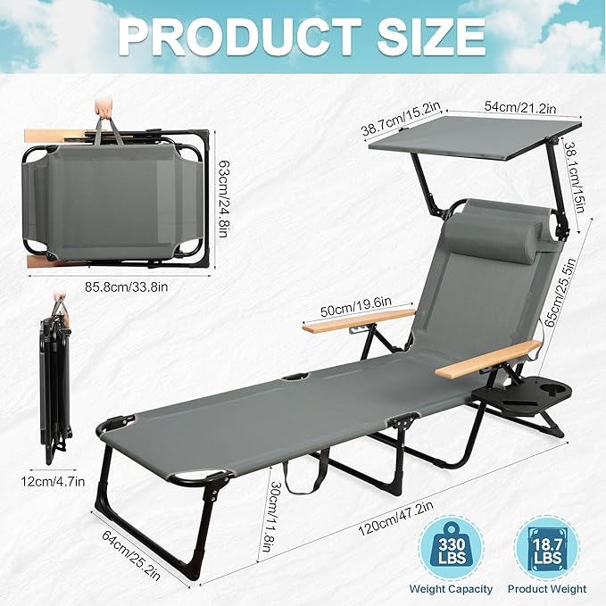 Outdoor Chaise Lounge Chair with 4-Position Adjustable Backrest,Patio Folding Sun Tanning Chair,Pillow & Cup Holder,Portable Recliner Sunbathing Lounger Chairs for Beach Garden (Grey with Shade)