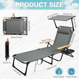 Outdoor Chaise Lounge Chair with 4-Position Adjustable Backrest, Patio Folding Sun Tanning Chair, Pillow & Cup Holder - Photo 2