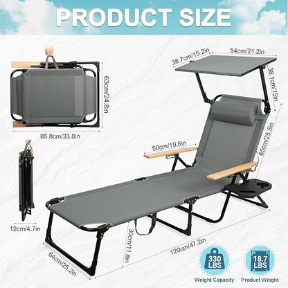 Outdoor Chaise Lounge Chair with 4-Position Adjustable Backrest,Patio Folding Sun Tanning Chair,Pillow & Cup Holder,Portable Recliner Sunbathing Lounger Chairs for Beach Garden (Grey with Shade)