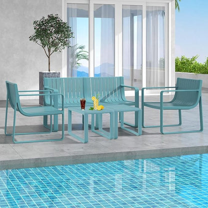 Tangkula Patio Loveseat, Weather-Resistant Plastic 2-Person Bench with Curved Backrest, Outdoor Conversation Furniture with Slatted Design for Patio, Poolside, Backyard, Garden, Deck, Lawn (Blue)