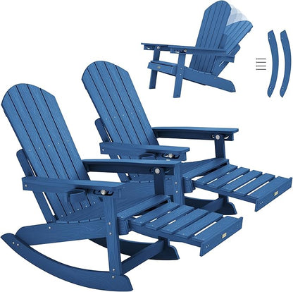 YEFU Adirondack Rocking Chairs Set of 2 : Oversize Adirondack Chair with Retractable Ottoman- 5-Level Adjustable High Back - Outdoor Rocker with Cup Holder for Porch/Garden/Lawn/Patio/Backyard/Navy