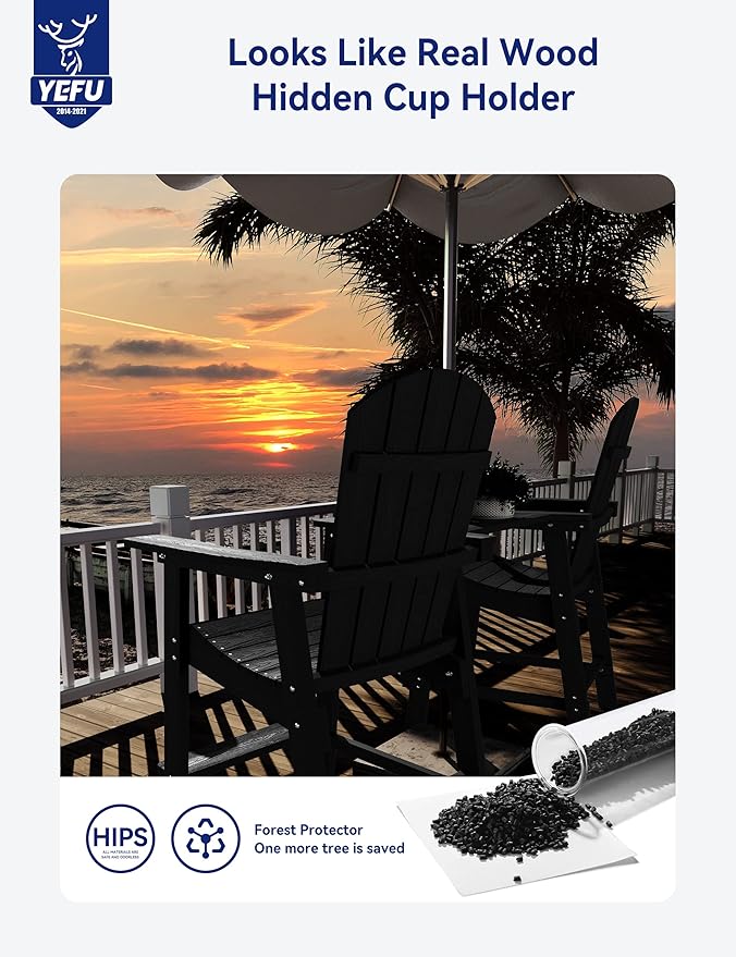 YEFU Balcony Chair, Tall Adirondack Chair Set of 2 with Connecting Tray, Poly Lumber Adirondack Chair Bar Stools, Patio Stools, 380lbs, Weather Resistant for Outdoor Deck Lawn Pool Backyard-Black