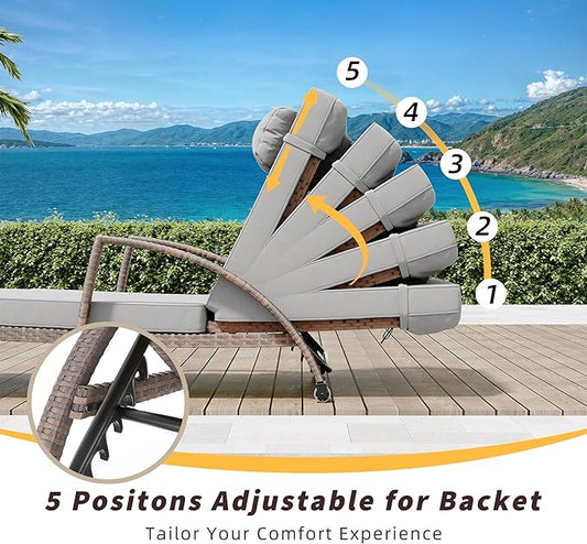 Outdoor Chaise Lounge Chairs Set of 2, Patio Rattan Reclining Chair with 5-Position Adjustable Backrest, All-Weather Pool Sunbathing Recliners with Rolling Wheels for Outside, Brown and Gray,2pcs