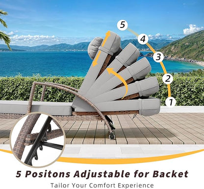 Outdoor Chaise Lounge Chairs Set of 2, Patio Rattan Reclining Chair with 5-Position Adjustable Backrest, All-Weather Pool Sunbathing Recliners with Rolling Wheels for Outside, Brown and Grey