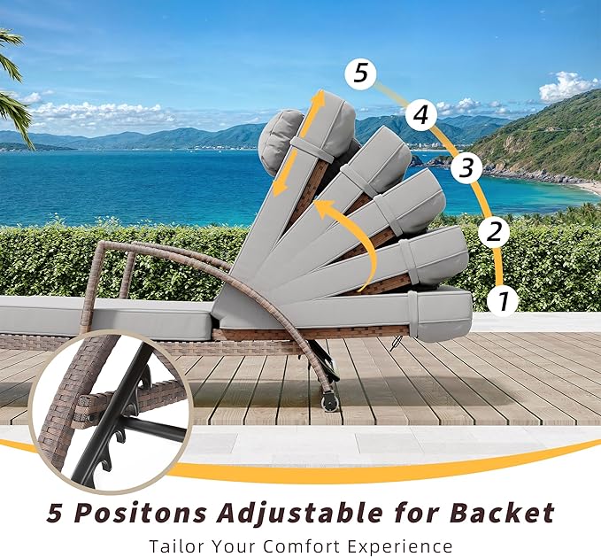 Garvee Chaise Lounge Outdoor Set of 2, PE Rattan Wicker Pool Lounge Chairs with 5-Level Adjustable Backrest - Photo 3