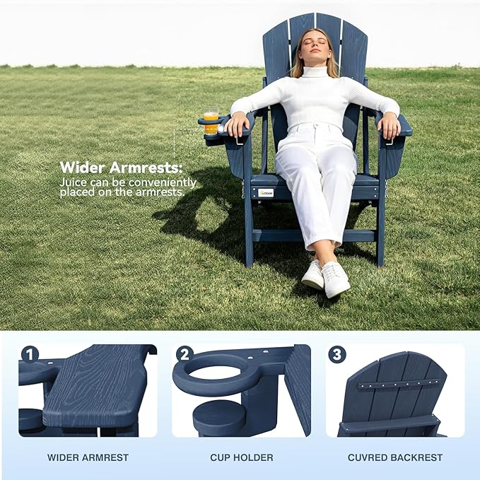 Mdeam 3-Position Adjustable Adirondack Chair Set of 4, 400LBS Capacity, Cup Holder, Wooden Textured, All-Weather HDPE Folding Fire Pit Outdoor Chairs for Poolside Deck Patio Garden Yard - Navy Blue