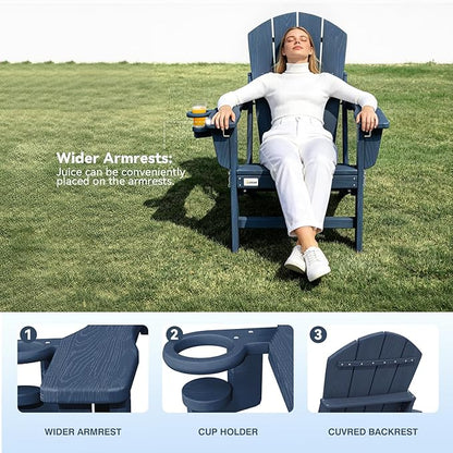 Mdeam 3-Position Adjustable Adirondack Chair Set of 4, 400LBS Capacity, Cup Holder, Wooden Textured, All-Weather HDPE Folding Fire Pit Outdoor Chairs for Poolside Deck Patio Garden Yard - Navy Blue