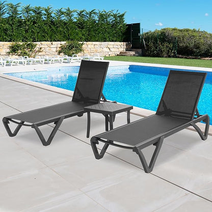 Outdoor Chaise Lounge 3 Pieces Aluminum Patio Lounge Chair with 5 Adjustable Position Recliner Chair Outside Tanning Chairs for Patio, Beach, Yard, Pool, Side Table Included -Dark Grey