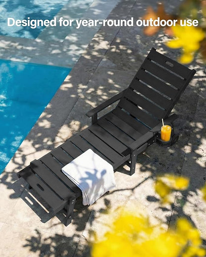 YEFU Lounge Chair Outdoor Set of 2: Outdoor Chaise Lounge with 5-Level Adjustable Backrest, Cup Holders & Wheels, All-Weather Resistance Chaise Lounge for Outside/Patio/Beach/Deck, Black